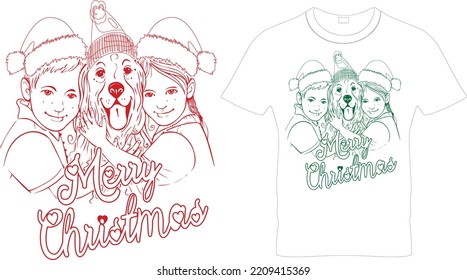 Boy, girl with their dogs wearing Christmas hats on their heads Christmas observance course-Merry Christmas – Dog T-shirt Design, Funny Dog T Shirt Design Christmas Shirt.