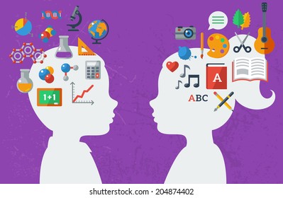 Boy and girl and their favorite subject. Vector illustration. Back to school concept. Sciences and arts. Analytical and creative mind.