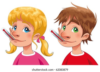 Boy and girl with thermometer. Cartoon and vector characters, isolated objects