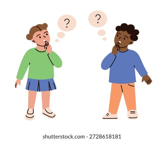 Niño y niña pensando con signo de interrogación, incertidumbre y tema de toma de decisiones. Ilustración vectorial plana de dibujos animados para la educación, aprendizaje, resolución de problemas, materiales escolares, presentaciones