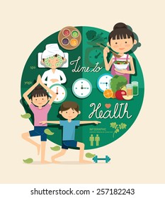 Boy And Girl Time To Health And Beauty Design Infographic,people Learn Concept Vector Illustration