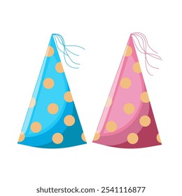 Boy and girl tiny party hats. Flat style. Gender party. Birthday, holiday, congratulations, concept of invitation. Vector illustration for banner, postcard.