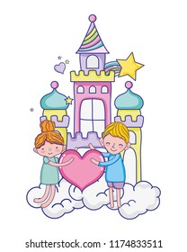 boy and girl together with heart in the castle