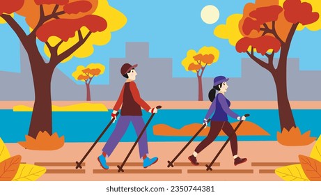 Boy Girl training Nordic walking with ski trekking poles in autumn park. Man woman tourists hiking with sticks in along riverbank. Active rest outdoors of couple. Illustration in a flat cartoon style.