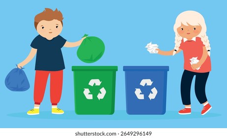 menino e menina com lixo e lixeira sobre fundo azul, design colorido, ilustração vetorial