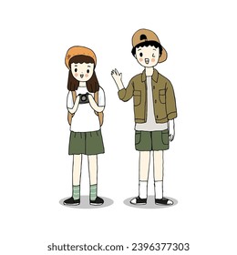 Boy and girl traveling. Hand drawn style vector.