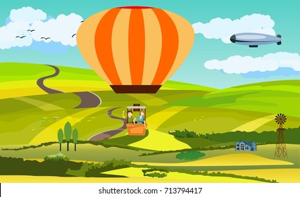 Boy and girl travels on air balloon, view on countryside landscape,vector illustration