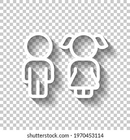 Boy and girl, two children, simple icon. White linear icon with editable stroke and shadow on transparent background