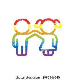 Boy and girl, two children, simple icon. Drawing sign with LGBT style, seven colors of rainbow (red, orange, yellow, green, blue, indigo, violet