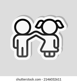 Boy and girl, two children, simple icon. Linear sticker, white border and simple shadow on gray background