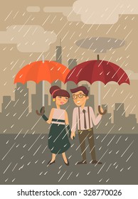 Boy and Girl with umbrella. Vector flat illustration 