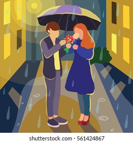 Boy and Girl with umbrella. Vector flat illustration. Young man and woman character. Autumn walk.  loving couple in the rain.  The guy gives flowers to the girl. Appointment. Rainy evening.