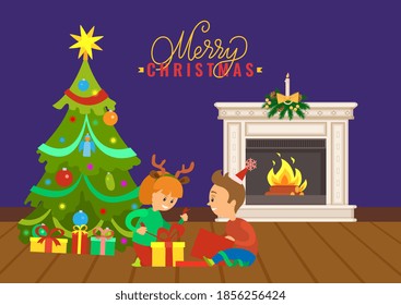Boy and girl unboxing presents near fir-tree and fireplace decorated by pine branches and burning candle. Holiday greeting card Merry Christmas Vector