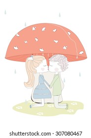 boy and girl under the mushroom, vector illustration