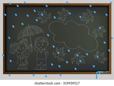 Boy and girl under an umbrella on the background of the school board and raindrops