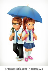 Boy and girl under an umbrella. Pupils cartoon character. Vector icon