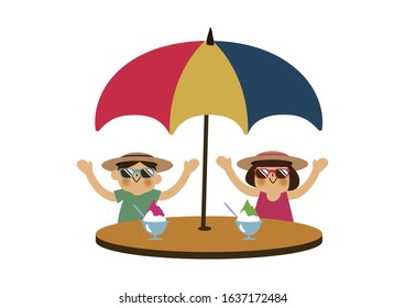 Boy and girl under umbrellas.
Season clip art.
Summer illustration.