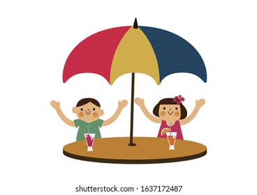 Boy and girl under umbrellas.
Season clip art.
Summer illustration.