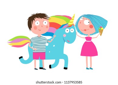 Boy Girl Unicorn and Ice Cream Cartoon. Young couple of kids with animal, fun childish illustration. Vector cartoon.
