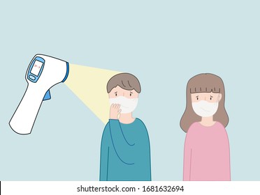 Boy and girl use face mask for protection from Corona virus (covid-19). A doctor measures the temperature of a them with Medical Digital Infrared Thermometer.