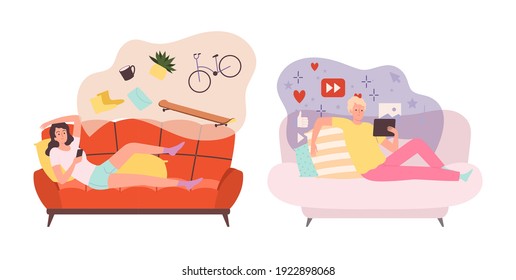Boy girl use smartphones. Online shopping, social media surfing. People with phones, mobile marketing and addiction vector characters