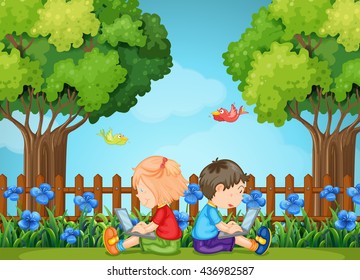 Boy Girl Using Computers Park Illustration Stock Vector (Royalty Free ...