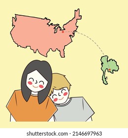 boy and girl vector drawing and a boy put his head on girl shoulder in map background from Thailand to America long distance relationship vector drawing 