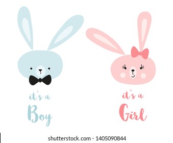 It's a boy it's a girl Vector greeting card. Baby shower card. Baby announcement card design element rabbit balloon Baby shower party design element Bunny rabbit head Illustration isolated on white.