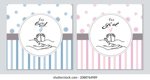 It's a boy or It's a girl. Vector set of one line art illustrations of a new born baby heels, mother and father holding a new born baby. Lineart family portret