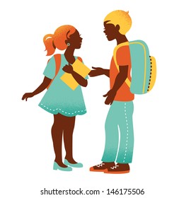 S?hool boy and girl. Vintage student silhouettes. Back to school illustration