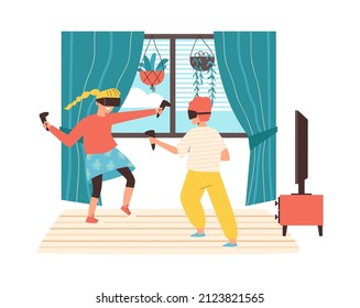 Boy and girl in virtual reality glasses and with hand movement controllers playing video games at home, cartoon flat vector illustration isolated on white background.