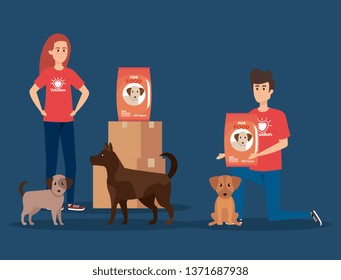 boy and girl volunteers with dog and food