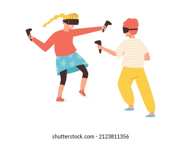 Boy and girl in VR headset with joystick in hands playing video games, flat vector illustration isolated on white background. Kids with virtual reality glasses.