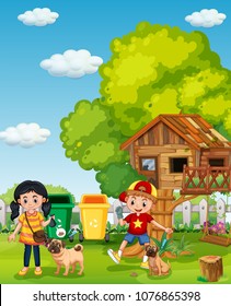 Boy and Girl Walk their Dog at Garden illustration