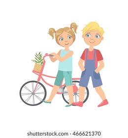 Boy And Girl Walking With The Bicycle Together
