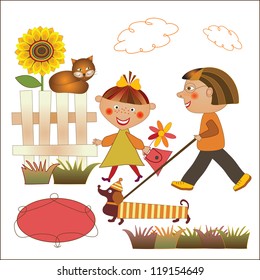 boy and girl walking the dog