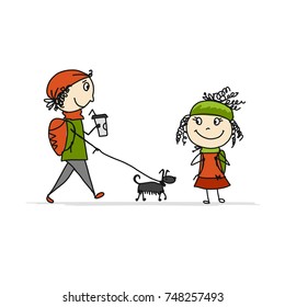 Boy and girl walking with dog, sketch for your design