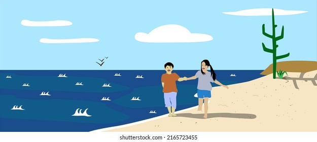 boy and girl walking on the beach next to a prickly pear with the sea, waves and blue sky with clouds in the background