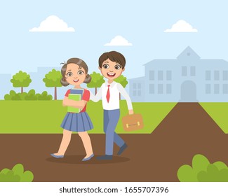 Boy and Girl Walking from School Together, Friendship and Love Between Kids, Happy Valentine Day Vector illustration
