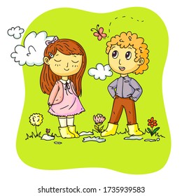 Boy and girl walking in spring time. Cute children in rubber boots enjoy blooming flowers, warm rain, spend time together outdoors. Change of year four seasons concept. Vector character illustration