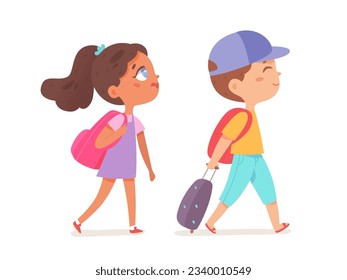 Boy and girl walking with suitcase and backpacks vector illustration. Cartoon isolated kid tourists rolling suitcase behind for summer vacation, travel in airport of students, walk of passengers.