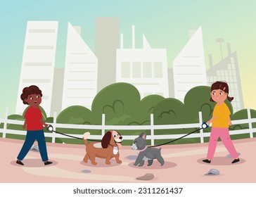 Boy and girl walking their dogs outdoor in the city park. Friends meeting each other in the park and waking their dogs. Care, friendship, love, leisure concept illustration. 
