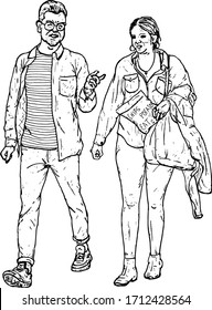 A boy and a girl walking together. Hand drawn vector illustration.