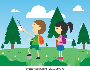 A boy and a girl walking towards summer camp through a beautiful forest. cute children's characters seen from the side. summer camp. flat design vector illustration.