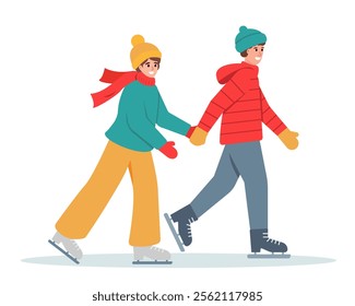 Boy and girl in warm clothes skating on ice. Happy couple of young people on skating rink in winter. Snowy winter season outdoor activity. Vector illustration isolated on white background.