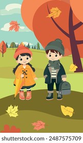 Boy and girl in warm clothes are walking in the park. Autumn season. Leaves are falling. Girl is holding an umbrella. 