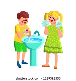Boy And Girl Washing Soapy Hands In Sink Vector. Children Wash Soapy Hands In Bathroom, Sanitizer Disinfectant. Characters Kids Hygienic Disinfect Procedure Flat Cartoon Illustration