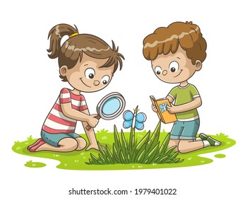 Boy and girl watching a butterfly. Hand drawn vector illustration with separate layers.