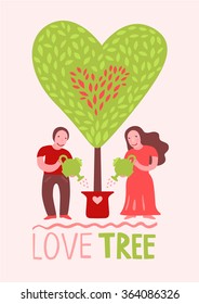 Boy and girl watering a big valentine tree.