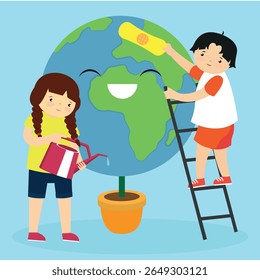 boy and girl watering the earth with a watering can, vector illustration